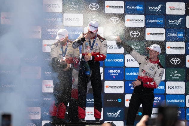 IPA87186198 - Marko Salminen (FIN), Sami Pajari (FIN), and Elfyn Evans (GBR) celebrate their podium finishes at the FIA WRC, Motorsport Rallye, WM Secto Rally Finland in Jyväskylä, Finland, July 30–August 2, 2026.  Copyright: xFedericoxManoni IPAxSportx xx 87186198