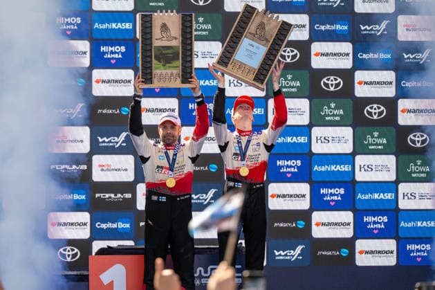 IPA87186184 - Sami Pajari (FIN) and Elfyn Evans (GBR) celebrate their victory at the FIA WRC, Motorsport Rallye, WM SECTO RALLY FINLAND in Jyväskylä, Finland, on July 30–August 2, 2026. In action during the FIA WRC SECTO RALLY FINLAND in Jyväskylä, Finland, July 30–August 2, 2026.  Copyright: xFedericoxManoni IPAxSportx xx 87186184
