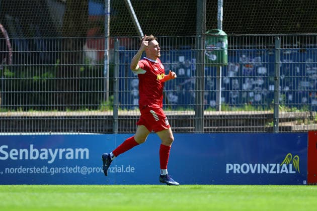 9 Lukas Krüger (FC Eintracht Norderstedt) bejubelt seinen Treffer zum 1:0. Fußball I Herren I Regionalliga Nord I Saison 2026-2027 I 1. Spieltag I FC Eintracht Norderstedt - SV Atlas Delmenhorst I 02.08.2026 I Edmund-Plambeck-Stadion *** 9 Lukas Krüger of FC Eintracht Norderstedt celebrates his goal, making the score 1–0. Soccer I Men’s I Regionalliga Nord I 2026–2027 Season I Matchday 1 I FC Eintracht Norderstedt vs. SV Atlas Delmenhorst I August 2, 2026 I Edmund Plambeck Stadium