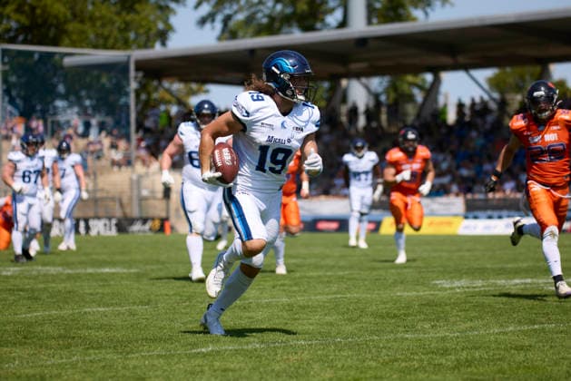 Frankfurt Galaxy - Noric Storm, American Football, European Football Alliance (EFA), Saison 2026, 02.08.2026. 19 Brendan Beaulieu (WR, Nordic Storm) im Spiel zwischen Frankfurt Galaxy und Nordic Storm in der European Football Alliance (EFA) in Frankfurt am Main, Deutschland. Hessen Deutschland *** Frankfurt Galaxy vs. Nordic Storm, American Football, European Football Alliance (EFA), 2026 Season, August 2, 2026, 19:00 Brendan Beaulieu, WR, Nordic Storm, in the game between the Frankfurt Galaxy and the Nordic Storm in the European Football Alliance (EFA) in Frankfurt am Main, Hesse, Germany NORatFGY_SCHRICK_SK2_9326