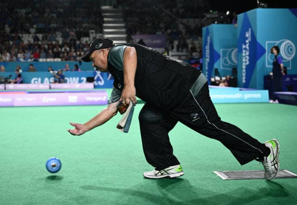 COM26 BOWLS, Mark Noble of New Zealand bowls during the Para Mens Pairs B6-B8 Gold Medal match between Australia and New Zealand during the Glasgow 2026 Commonwealth Games at SEC Centre Hall 3 in Glasgow, Scotland, Sunday, August 2, 2026. ( NO ARCHIVING, EDITORIAL USE ONLY Glasgow Scotland United Kingdom  Copyright: xJOELxCARRETTx 20260802142718689703