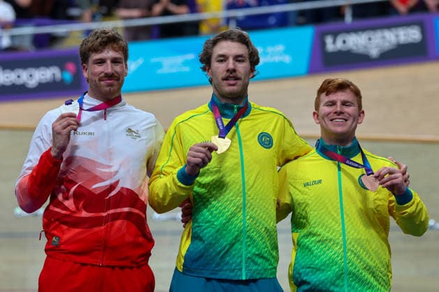 RECORD DATE NOT STATED 2nd August 2026; Glasgow, Scotland; 2026 Commonwealth Games, Final Day; Sir Chris Hoy Velodrome, Track cycling, Rad, Radsport, Bahnrad, Bahn Mens 1000m Time Trial, Leigh Hoffman (AUS) gold medallist, Joseph Truman (ENG) silver medallist, Tayte Ryan (AUS) bronze medallist RogerxEvans