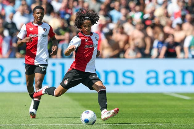 2026-08-02 Feyenoord v Atalanta Bergamo - Pre Season Friendly ROTTERDAM, NETHERLANDS - AUGUST 2: Gjivai Zechiel of Feyenoord shoots the ball during the Pre Season Friendly match between Feyenoord and Atalanta Bergamo at Stadion Feijenoord on August 2, 2026 in Rotterdam, Netherlands. Rotterdam Stadion Feijenoord Netherlands Content not available for redistribution in The Netherlands directly or indirectly through any third parties. Copyright: xHansxvanxderxValkx