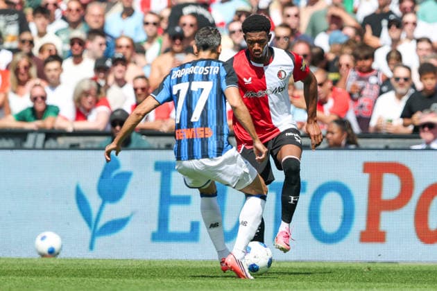2026-08-02 Feyenoord v Atalanta Bergamo - Pre Season Friendly ROTTERDAM, NETHERLANDS - AUGUST 2: Gaoussou Diarra of Feyenoord is challenged by Davide Zappacosta of Atalanta Bergamo during the Pre Season Friendly match between Feyenoord and Atalanta Bergamo at Stadion Feijenoord on August 2, 2026 in Rotterdam, Netherlands. Rotterdam Stadion Feijenoord Netherlands Content not available for redistribution in The Netherlands directly or indirectly through any third parties. Copyright: xHansxvanxderxValkx