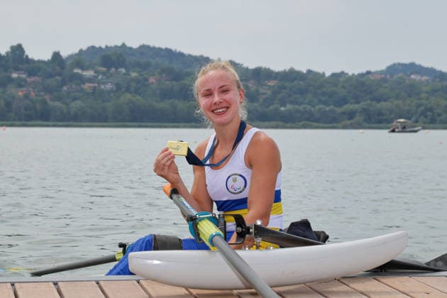 RECORD DATE NOT STATED 2nd August 2026; Lake Varese, Varese, Lombardy, Italy; 2026 European Rowing Championships, Day Three; the medal ceremony, PR1 Women s Single Sculls (PR1 W1x), Ukraine gold medallists, Anna Sheremet AnthonyxBenoit