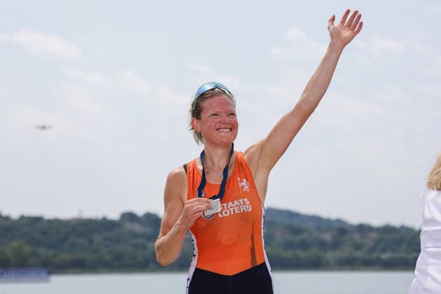 RECORD DATE NOT STATED 2nd August 2026; Lake Varese, Varese, Lombardy, Italy; 2026 European Rowing Championships, Day Three; the medal ceremony, Lightweight Women s Single Sculls (LW1x), the Netherlands silver medallists, Tosca Kettler AnthonyxBenoit