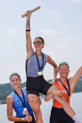 RECORD DATE NOT STATED 2nd August 2026; Lake Varese, Varese, Lombardy, Italy; 2026 European Rowing Championships, Day Three; the medal ceremony, Lightweight Women s Single Sculls (LW1x), Greece bronze medallists Gavriela Lioliou, the Netherlands silver medallists Tosca Kettler and Individual Neutral Athletes (AIN) gold medallists, Mariia Zhovner AnthonyxBenoit