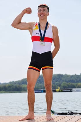 RECORD DATE NOT STATED 2nd August 2026; Lake Varese, Varese, Lombardy, Italy; 2026 European Rowing Championships, Day Three; the medal ceremony, Lightweight Men s Single Sculls (LM1x), Germany silver medallists, Fabio Kress AnthonyxBenoit