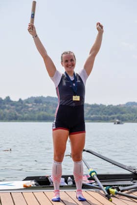 RECORD DATE NOT STATED 2nd August 2026; Lake Varese, Varese, Lombardy, Italy; 2026 European Rowing Championships, Day Three; the medal ceremony, Women& x2019;s Single Sculls (W1x), Great Britain gold medallists Lauren Henry AnthonyxBenoit