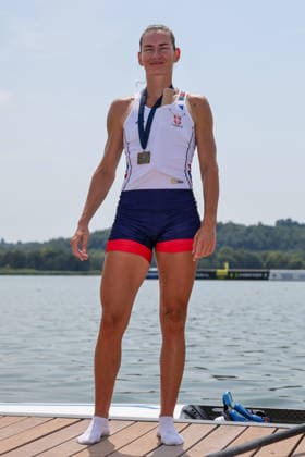 RECORD DATE NOT STATED 2nd August 2026; Lake Varese, Varese, Lombardy, Italy; 2026 European Rowing Championships, Day Three; the medal ceremony, Women& x2019;s Single Sculls (W1x), Serbia bronze medallists Jovana Arsic AnthonyxBenoit