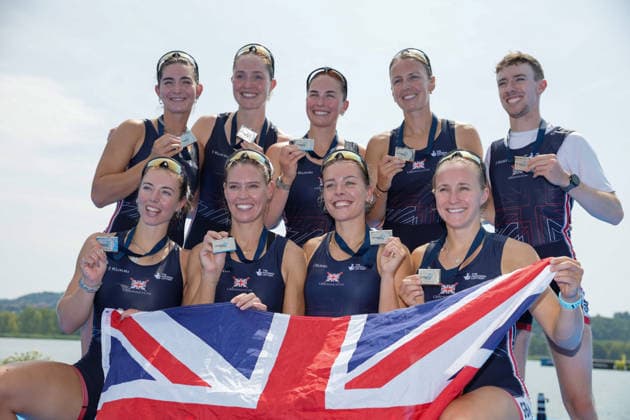 RECORD DATE NOT STATED 2nd August 2026; Lake Varese, Varese, Lombardy, Italy; 2026 European Rowing Championships, Day Three; the medal ceremony, Women s Eight (W8+), Great Britain gold medallists AnthonyxBenoit