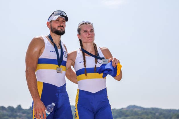RECORD DATE NOT STATED 2nd August 2026; Lake Varese, Varese, Lombardy, Italy; 2026 European Rowing Championships, Day Three; the medal ceremony, PR3 Mixed Double Sculls (PR3 Mix2x), Ukraine silver medallists AnthonyxBenoit