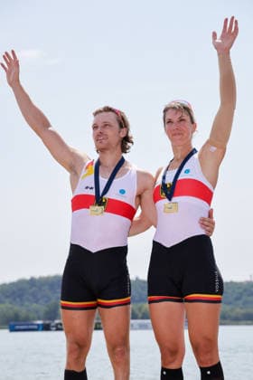 RECORD DATE NOT STATED 2nd August 2026; Lake Varese, Varese, Lombardy, Italy; 2026 European Rowing Championships, Day Three; the medal ceremony, PR3 Mixed Double Sculls (PR3 Mix2x), Germany gold medallists AnthonyxBenoit