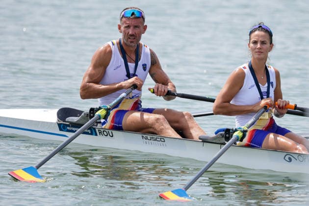 RECORD DATE NOT STATED 2nd August 2026; Lake Varese, Varese, Lombardy, Italy; 2026 European Rowing Championships, Day Three; the medal ceremony, Mixed Double Sculls (Mix2x), Romania gold medallists AnthonyxBenoit