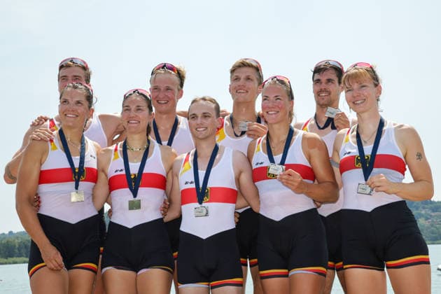 RECORD DATE NOT STATED 2nd August 2026; Lake Varese, Varese, Lombardy, Italy; 2026 European Rowing Championships, Day Three; the medal ceremony, Mixed Eight (Mix8+), Germany silver medallists AnthonyxBenoit