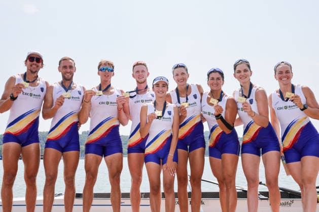 RECORD DATE NOT STATED 2nd August 2026; Lake Varese, Varese, Lombardy, Italy; 2026 European Rowing Championships, Day Three; the medal ceremony, Mixed Eight (Mix8+), Romania gold medallists AnthonyxBenoit