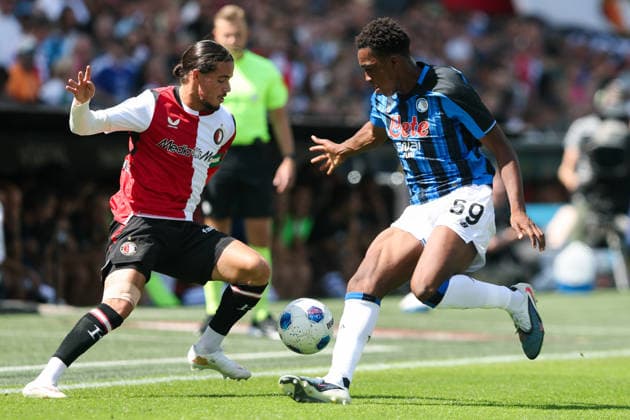 2026-08-02 Feyenoord v Atalanta Bergamo - Pre Season Friendly ROTTERDAM, NETHERLANDS - AUGUST 2: Anis Hadj Moussa of Feyenoord is challenged by Honest Ahanor of Atalanta Bergamo during the Pre Season Friendly match between Feyenoord and Atalanta Bergamo at Stadion Feijenoord on August 2, 2026 in Rotterdam, Netherlands. Rotterdam Stadion Feijenoord Netherlands Content not available for redistribution in The Netherlands directly or indirectly through any third parties. Copyright: xHansxvanxderxValkx