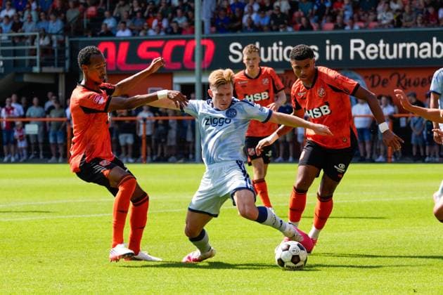 VOLENDAM , 13-02-2026 , Kras Stadium, season 2026 2027 , Pre season footbal . Match between FC Volendam and Ajax . Picture shows Ajax player Oliver Edvardsen and FC Volendam player Kayden Wolff and FC Volendam player Precious Ugwu Volendam - Ajax (friendly  x205404732x Copyright: