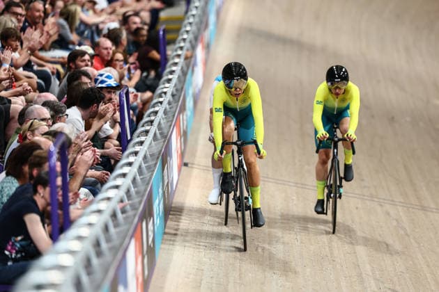 Glasgow 2026 Commonwealth Games Picture by Alex Whitehead SWpix.com - 02 08 2026 - Glasgow 2026 Commonwealth Games - Track cycling, Rad, Radsport, Bahnrad, Bahn and Para Track Cycling - Sir Chris Hoy Velodrome, Glasgow, Scotland - Women s Elimination Race Final - Georgia Baker of Australia, Maggie Coles-Lyster of Canada, Alyssa Polites of Australia Glasgow Sir Chris Hoy Velodrome Scotland Copyright: x xSWpix.comx(t axPhotographyxHubxLtd)xAlexxWhitehead SWpix.comx SWP-3030-17614