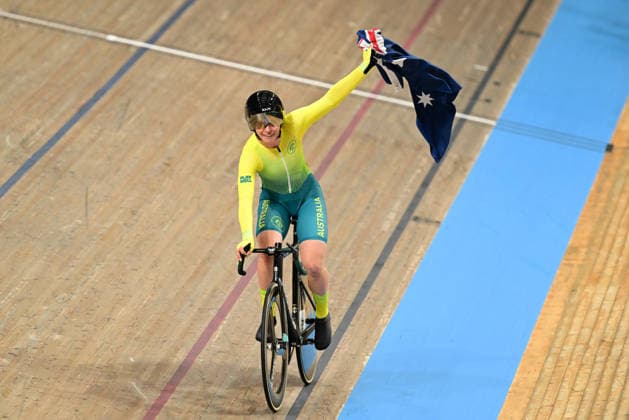 COM26 Track cycling, Rad, Radsport, Bahnrad, Bahn Alyssa Polites of Australia celebrates after winning the Women™s Elimination Race Final during the Glasgow 2026 Commonwealth Games Track Cycling at the Sir Chris Hoy Velodrome in Glasgow, Scotland, Sunday, August 2, 2026. ( NO ARCHIVING, EDITORIAL USE ONLY Glasgow Scotland United Kingdom  Copyright: xDEANxLEWINSx 20260803162197109183