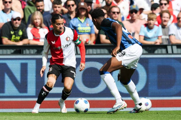 2026-08-02 Feyenoord v Atalanta Bergamo - Pre Season Friendly ROTTERDAM, NETHERLANDS - AUGUST 2: Anis Hadj Moussa of Feyenoord is challenged by Honest Ahanor of Atalanta Bergamo during the Pre Season Friendly match between Feyenoord and Atalanta Bergamo at Stadion Feijenoord on August 2, 2026 in Rotterdam, Netherlands. Rotterdam Stadion Feijenoord Netherlands Content not available for redistribution in The Netherlands directly or indirectly through any third parties. Copyright: xHansxvanxderxValkx