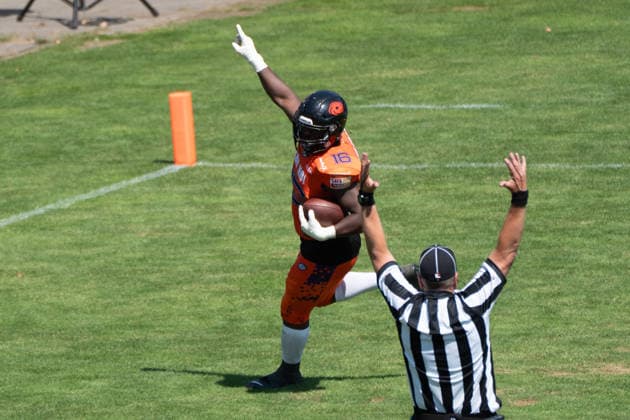 02.08.2026, xhfmx, American Football EFA European Football Alliance, Frankfurt Galaxy - Nordic Storm Chris Mulumba (Galaxy Frankfurt, 16) mit einem Touchdown (DFL DFB REGULATIONS PROHIBIT ANY USE OF PHOTOGRAPHS as IMAGE SEQUENCES and or QUASI-VIDEO) Frankfurt am Main *** August 2, 2026, xhfmx, American Football EFA European Football Alliance, Frankfurt Galaxy Nordic Storm Chris Mulumba Galaxy Frankfurt, 16 with a touchdown DFL DFB REGULATIONS PROHIBIT ANY USE OF PHOTOGRAPHS as IMAGE SEQUENCES and or QUASI-VIDEO Frankfurt am Main