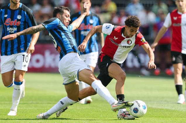 2026-08-02 Feyenoord v Atalanta Bergamo - Pre Season Friendly ROTTERDAM, NETHERLANDS - AUGUST 2: Oussama Targhalline of Feyenoord battles for the ball with Gianluca Gaetano of Atalanta Bergamo during the Pre Season Friendly match between Feyenoord and Atalanta Bergamo at Stadion Feijenoord on August 2, 2026 in Rotterdam, Netherlands. Rotterdam Stadion Feijenoord Netherlands Content not available for redistribution in The Netherlands directly or indirectly through any third parties. Copyright: xHansxvanxderxValkx