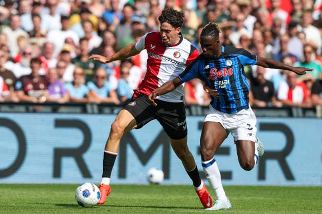 2026-08-02 Feyenoord v Atalanta Bergamo - Pre Season Friendly ROTTERDAM, NETHERLANDS - AUGUST 2: Nacho Ferri of Feyenoord is challenged by Odilon Kossounou of Atalanta Bergamo during the Pre Season Friendly match between Feyenoord and Atalanta Bergamo at Stadion Feijenoord on August 2, 2026 in Rotterdam, Netherlands. Rotterdam Stadion Feijenoord Netherlands Content not available for redistribution in The Netherlands directly or indirectly through any third parties. Copyright: xHansxvanxderxValkx