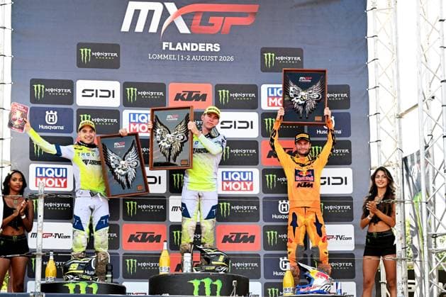 Spanish Guillem Farres; South-African Camden McLellan and German Simon Langenfelder celebrate on the podium after the motocross MX2 Grand Prix Flanders, race 14 20 of the FIM Motocross World Championship, WM, Weltmeisterschaft Sunday, August 2, 2026, in Lommel. JILLxDELSAUX  x182616074x