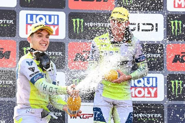 Spanish Guillem Farres and South-African Camden McLellan celebrate on the podium after the motocross MX2 Grand Prix Flanders, race 14 20 of the FIM Motocross World Championship, WM, Weltmeisterschaft Sunday, August 2, 2026, in Lommel. JILLxDELSAUX  x182617332x