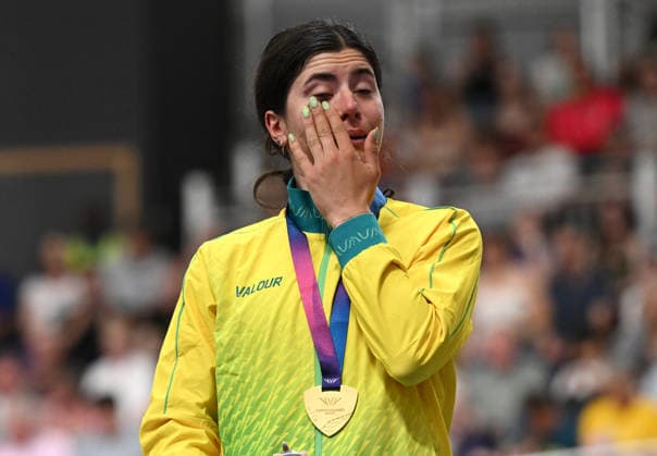 COM26 Track cycling, Rad, Radsport, Bahnrad, Bahn Gold medalist Alyssa Polites of Australia is emotional during the medal ceremony for the Women™s Elimination Race Final during the Glasgow 2026 Commonwealth Games Track Cycling at the Sir Chris Hoy Velodrome in Glasgow, Scotland, Sunday, August 2, 2026. ( NO ARCHIVING, EDITORIAL USE ONLY Glasgow Scotland United Kingdom  Copyright: xDEANxLEWINSx 20260803139427469200