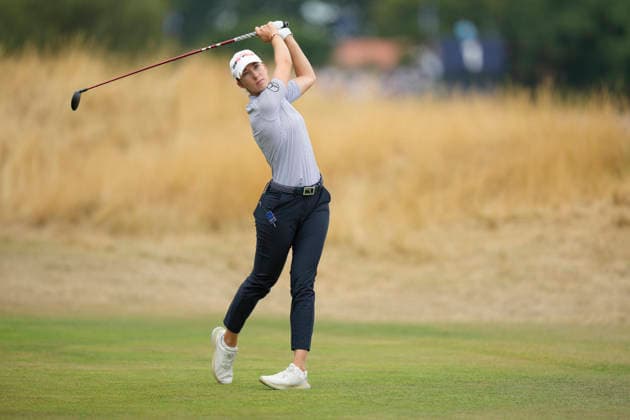 LYTHAM, ENGLAND - AUGUST 2: Alexandra Forsterling (GER) plays from the third tee during Round 4 at the 50th AIG Women™s Open Championship at the Royal Lytham and St Anne™s Golf Club, Lytham on August 2, 2026 in Lancashire, England The 50th AIG Women™s Open Championship