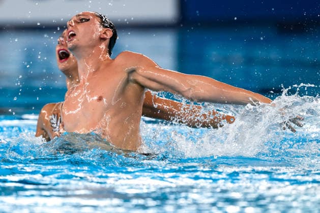 Filippo Pelati, Lucrezia Ruggiero of Italy compete in the artistic swimming Duet Tech Mixed Final during the European Aquatics Championships at the Olympic Aquatic Center in Paris (France), August 2, 2026. Andrea Staccioli