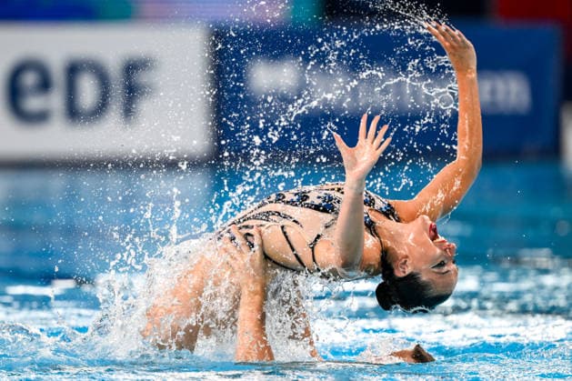 Solene Guizard, Robin Wiehn of Germany compete in the artistic swimming Duet Tech Mixed Final during the European Aquatics Championships at the Olympic Aquatic Center in Paris (France), August 2, 2026. Andrea Staccioli