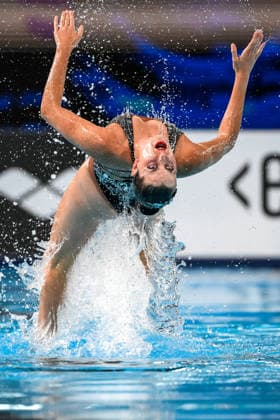 Daniel Ascenso, Maria Goncalves of Portugal compete in the artistic swimming Duet Tech Mixed Final during the European Aquatics Championships at the Olympic Aquatic Center in Paris (France), August 2, 2026. Andrea Staccioli