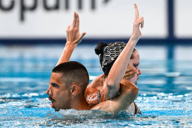 Daniel Ascenso, Maria Goncalves of Portugal compete in the artistic swimming Duet Tech Mixed Final during the European Aquatics Championships at the Olympic Aquatic Center in Paris (France), August 2, 2026. Andrea Staccioli
