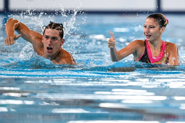 Iren Davidkova, Dimitar Isaev of Bulgaria compete in the artistic swimming Duet Tech Mixed Final during the European Aquatics Championships at the Olympic Aquatic Center in Paris (France), August 2, 2026. Andrea Staccioli