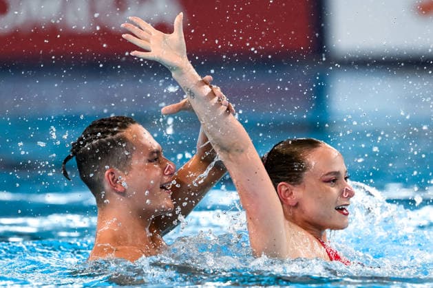Isabelle Thorpe, Ranjuo Tomblin of Great Britain compete in the artistic swimming Duet Tech Mixed Final during the European Aquatics Championships at the Olympic Aquatic Center in Paris (France), August 2, 2026. Andrea Staccioli