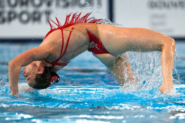 Isabelle Thorpe, Ranjuo Tomblin of Great Britain compete in the artistic swimming Duet Tech Mixed Final during the European Aquatics Championships at the Olympic Aquatic Center in Paris (France), August 2, 2026. Andrea Staccioli