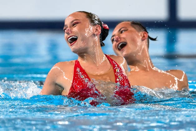 Isabelle Thorpe, Ranjuo Tomblin of Great Britain compete in the artistic swimming Duet Tech Mixed Final during the European Aquatics Championships at the Olympic Aquatic Center in Paris (France), August 2, 2026. Andrea Staccioli