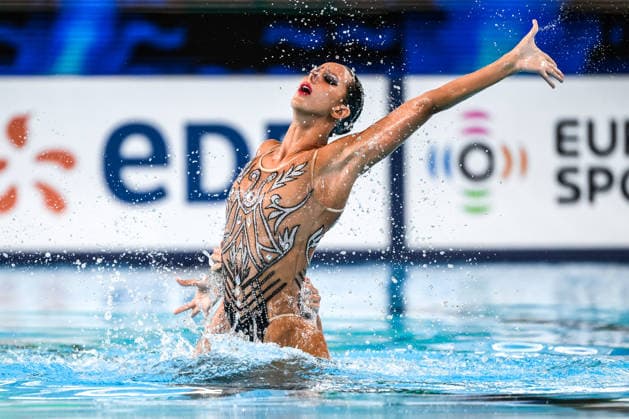 Filippo Pelati, Lucrezia Ruggiero of Italy compete in the artistic swimming Duet Tech Mixed Final during the European Aquatics Championships at the Olympic Aquatic Center in Paris (France), August 2, 2026. Andrea Staccioli