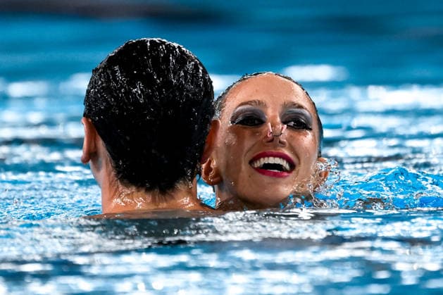 Filippo Pelati, Lucrezia Ruggiero of Italy react after competing in the artistic swimming Duet Tech Mixed Final during the European Aquatics Championships at the Olympic Aquatic Center in Paris (France), August 2, 2026. Andrea Staccioli