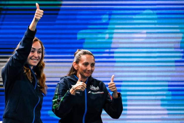 Anna Voloshyna, Federica Sala react after competing in the artistic swimming Duet Tech Mixed Final during the European Aquatics Championships at the Olympic Aquatic Center in Paris (France), August 2, 2026. Andrea Staccioli
