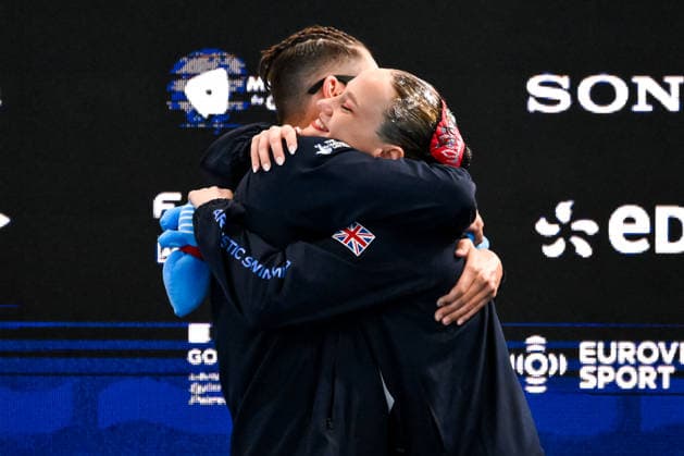 Isabelle Thorpe, Ranjuo Tomblin of Great Britain celebrates after winning the gold medal in the artistic swimming Duet Tech Mixed Final during the European Aquatics Championships at the Olympic Aquatic Center in Paris (France), August 2, 2026. Andrea Staccioli