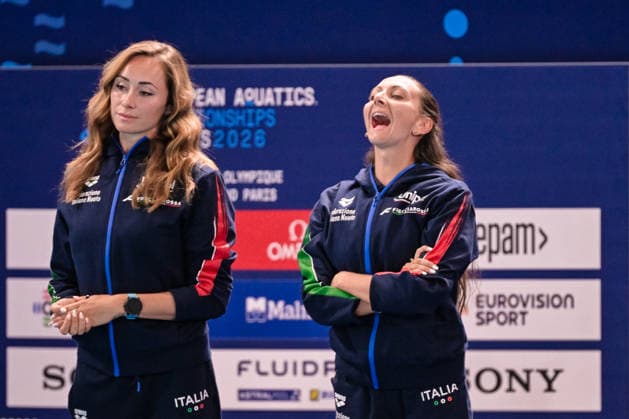 Anna Voloshyna, Federica Sala react after competing in the Artistic Swimming Mixed Duet Technical Final during the European Aquatics Championships at the Olympic Aquatic Center in Paris (France), August 2, 2026. Giorgio Scala DBM - Deepbluemedia Insidefoto