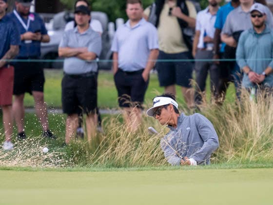DETROIT, MI - AUGUST 02: Ricky Castillo (USA) hits the ball out of the bunker on the second fairway during the final round of the Rocket Classic at Detroit Golf Club on August 02, 2026, in Detroit, Michigan. (Photo by Joseph Weiser Icon Sportswire) GOLF: AUG 02 PGA, Golf Herren Rocket Classic EDITORIAL USE ONLY Icon260802016