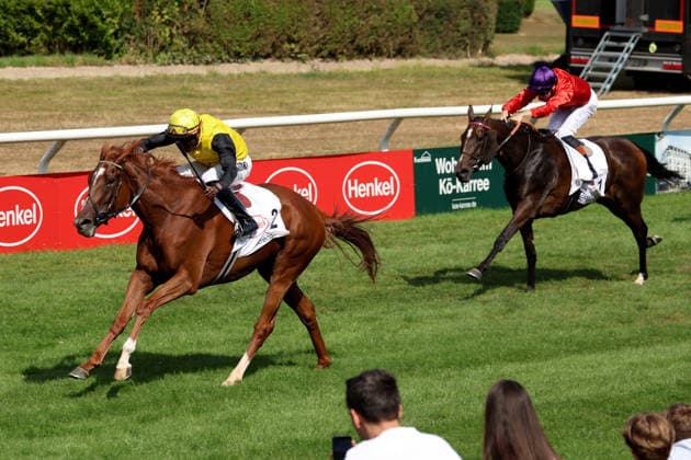02.08.2026, Duesseldorf, Nordrhein-Westfalen, GER - Soreanga mit Eduardo Pedroza gewinnt den Henkel 168. Preis der Diana. Galopprennbahn Duesseldorf-Grafenberg. (Pferd, Jockey, Soreanga, Pedroza, Sieg, Ziel, Zielankunft) 260802S787DUESSELDORF.JPG *** August 2, 2026, Düsseldorf, North Rhine-Westphalia, GER: Soreanga, ridden by Eduardo Pedroza, wins the Henkel 168 Preis der Diana at the Düsseldorf-Grafenberg Racetrack. Horse, jockey, Soreanga, Pedroza, Victory, Finish, Finish Line 260802S787DUESSELDORF JPG