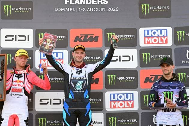 Dutch Kay de Wolf; Dutch Jeffrey Herlings and French Tom Vialle celebrate on the podium after the motocross MXGP Grand Prix Flanders, race 14 20 of the FIM Motocross World Championship, WM, Weltmeisterschaft Sunday, August 2, 2026, in Lommel. JILLxDELSAUX  x182622540x