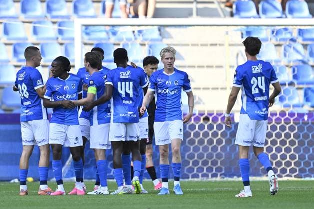 Genk s players celebrate after scoring during a friendly soccer game between Racing Genk vs FC Twente, on Sunday 02 August 2026 in Genk, in preparation of the upcoming 2026-2027 Belgian first division soccer season. JOHAN EYCKENS JohanxEyckens  x182622976x