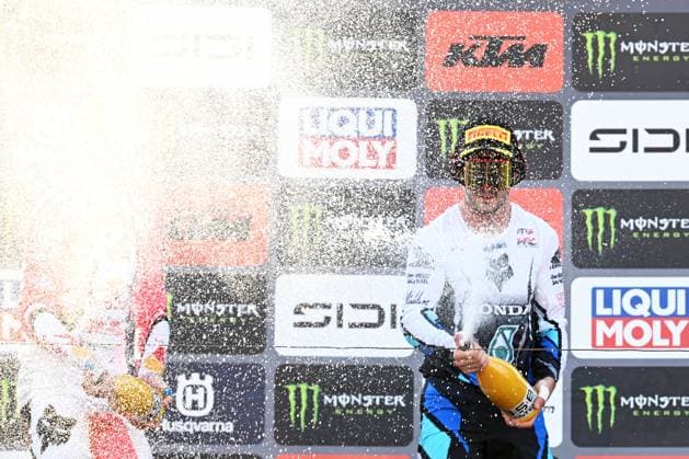 Dutch Kay de Wolf and Dutch Jeffrey Herlings celebrate on the podium after the motocross MXGP Grand Prix Flanders, race 14 20 of the FIM Motocross World Championship, WM, Weltmeisterschaft Sunday, August 2, 2026, in Lommel. JILLxDELSAUX  x182623063x